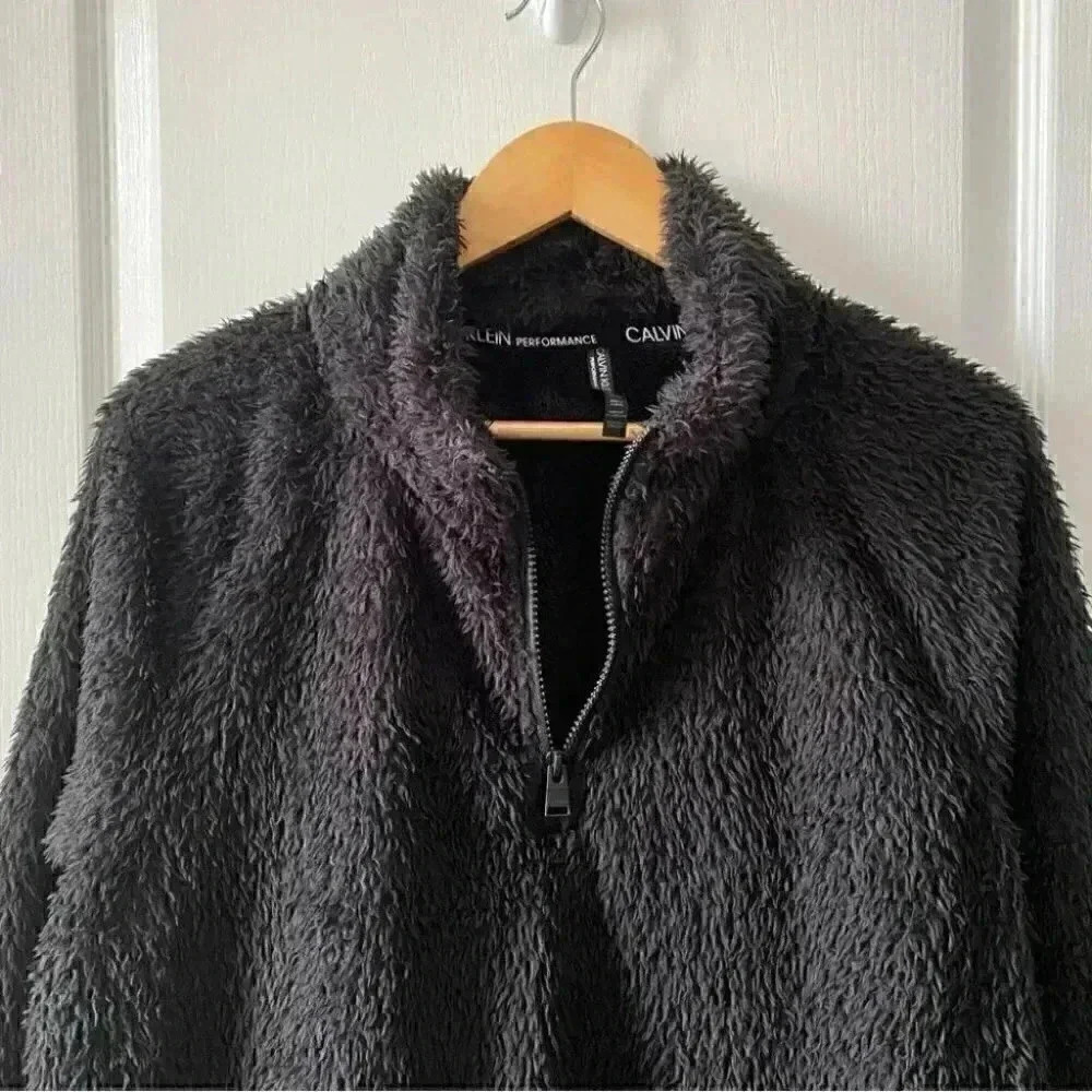 Calvin Klein Plush Sweater Cropped Fuzzy 1/4 Zip Pullover Black Size XL - Picture 5 of 16